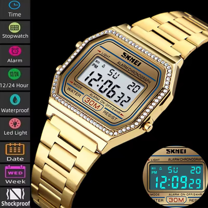 SKMEI 1474 Luxury Brand Women Digital Watches Waterproof Week Display LED Chrono Stainless Steel Female Wristwatch Relogio Feminino