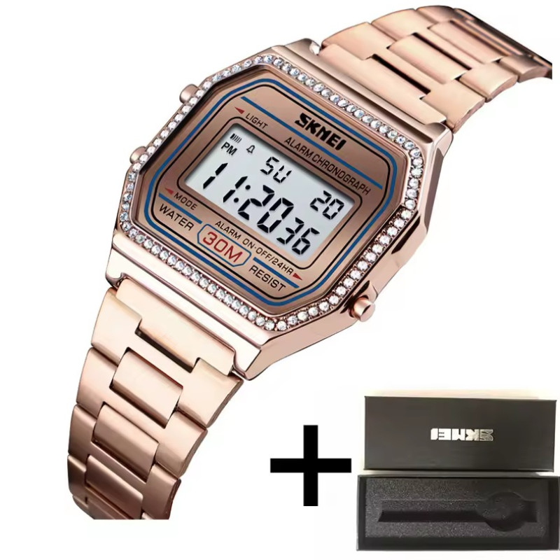 SKMEI 1474 Luxury Brand Women Digital Watches Waterproof Week Display LED Chrono Stainless Steel Female Wristwatch Relogio Feminino